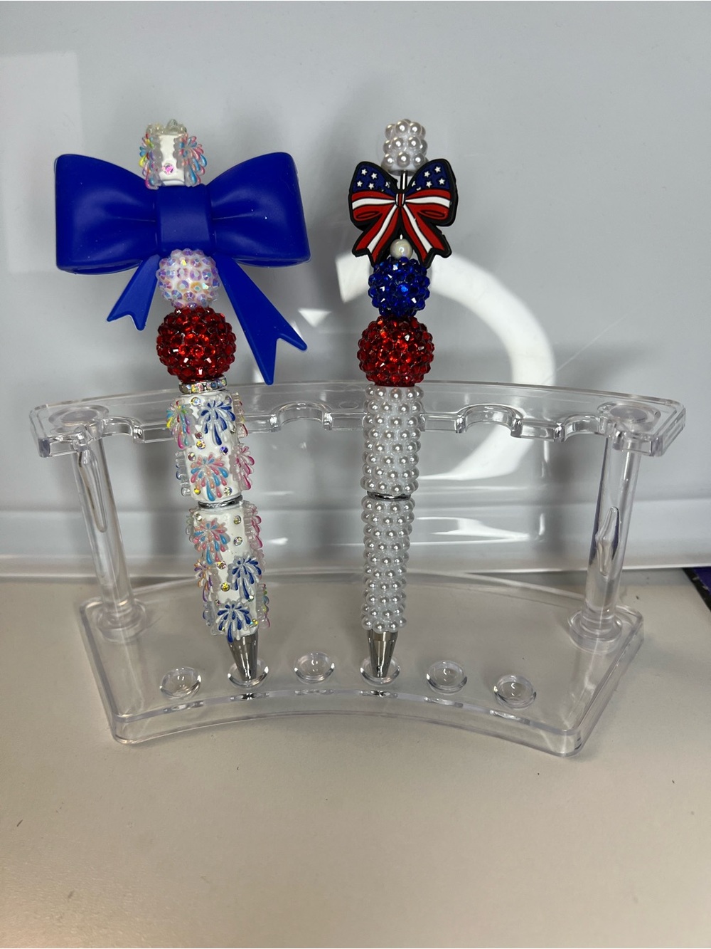 Set of 2 Handmade Decorative Rhinestone Pens — Red, White, Blue